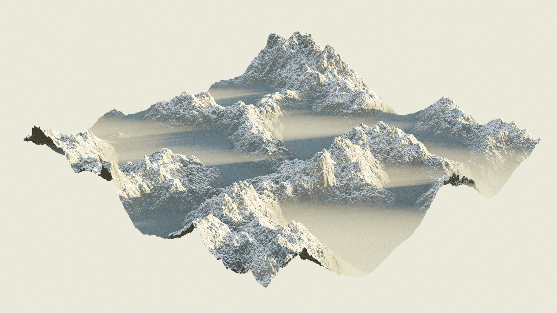 floating in the clouds, a chunk of terrain, the surface thin like paper: snowtop mountains cutting through the mist